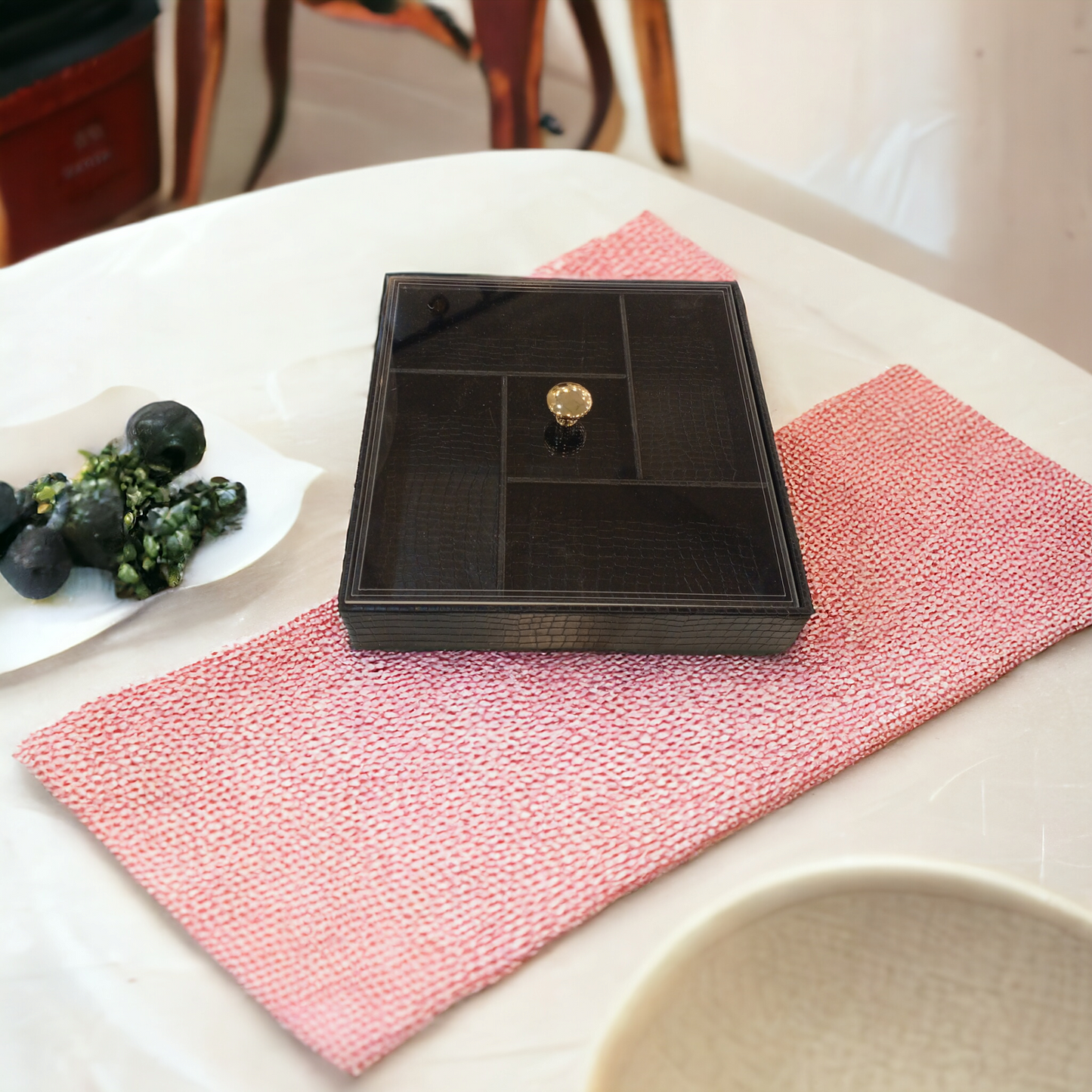 5 Grid Leather Dry Fruit Tray With Lid-Black