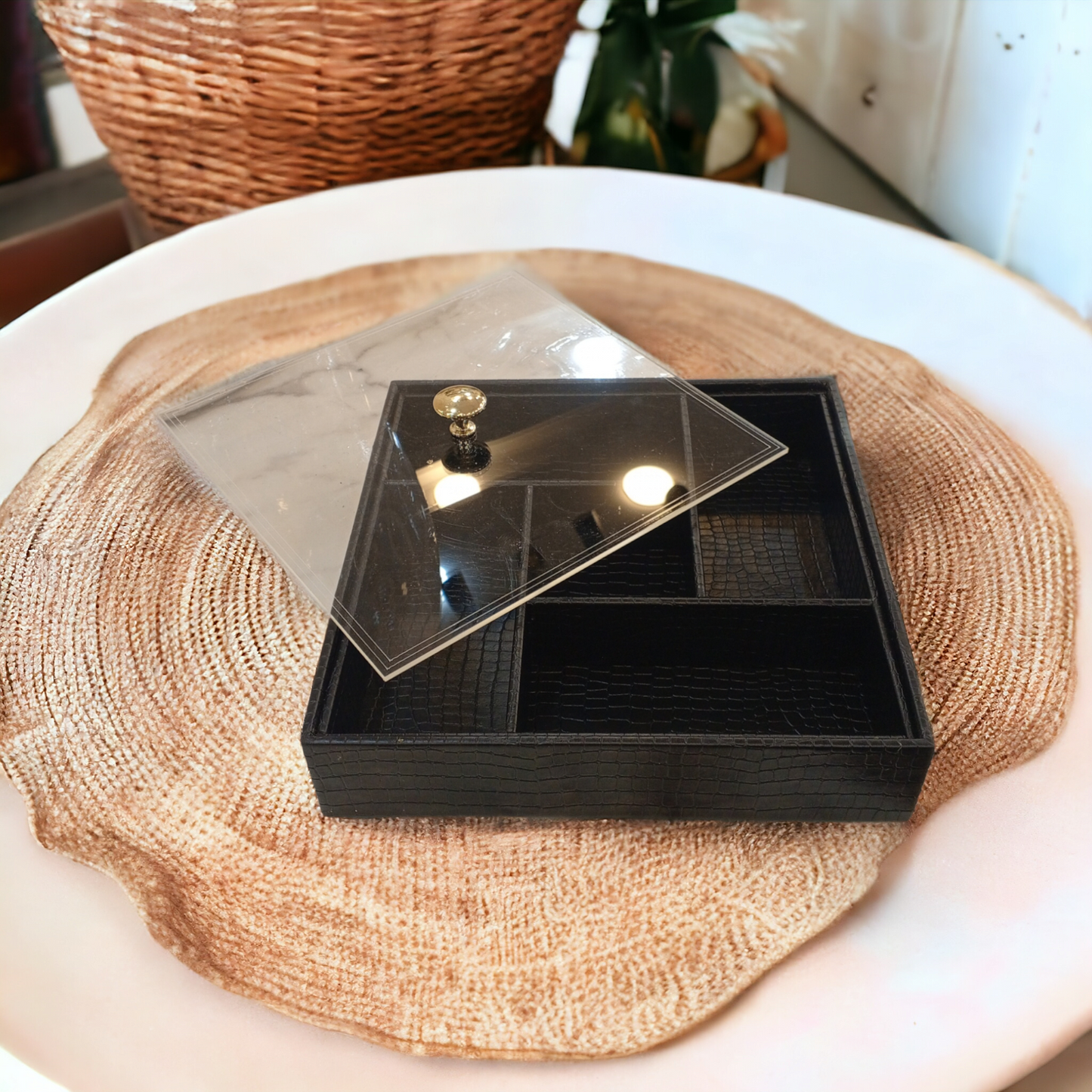 5 Grid Leather Dry Fruit Tray With Lid-Black